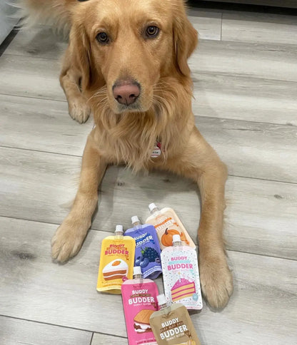 3Pk Barkin Banana Buddy Budder Squeeze Pouch (4Oz Each)- All Natural Dog Peanut Butter, Perfect with Dog Enrichment, Treating, Training, Traveling