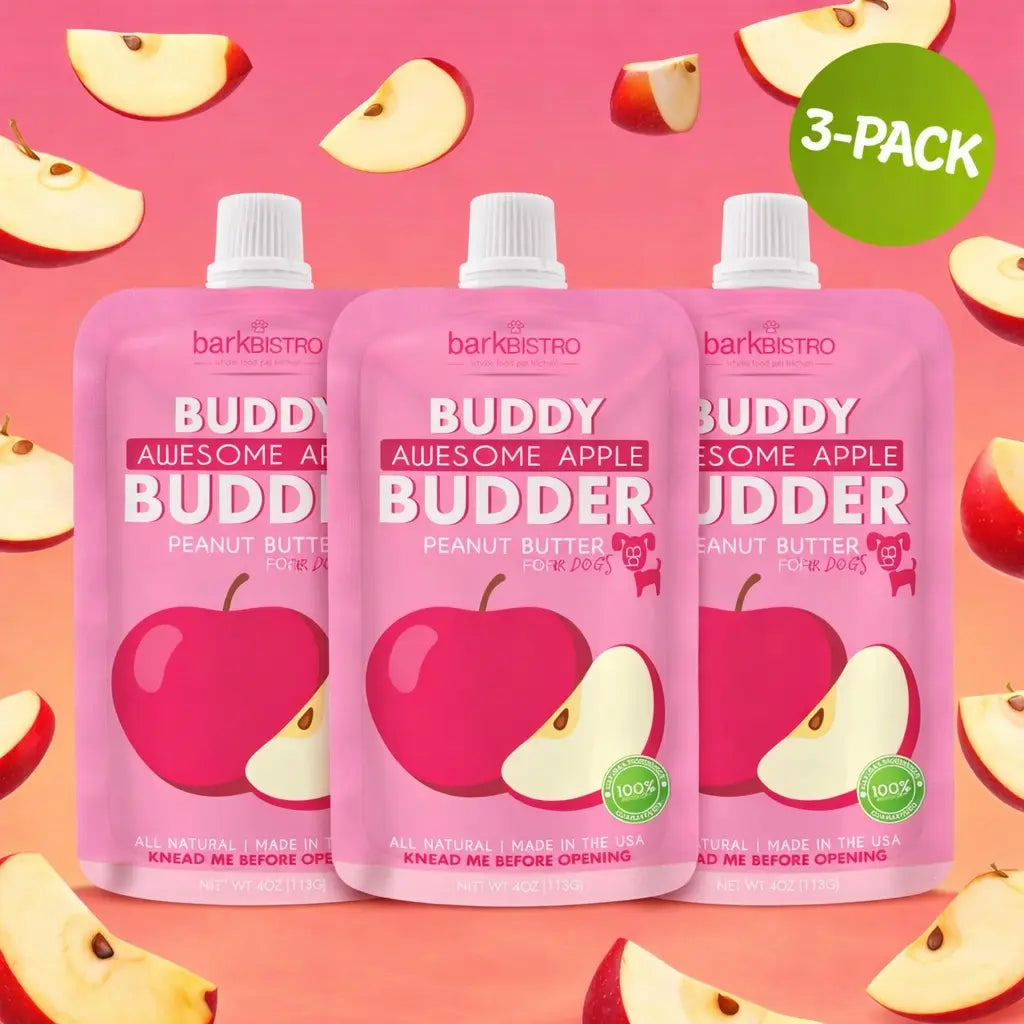 3Pk Awesome Apple Buddy Budder Squeeze Pouch (4Oz Each)- All Natural Dog Peanut Butter, Perfect with Dog Enrichment, Treating, Training, Traveling