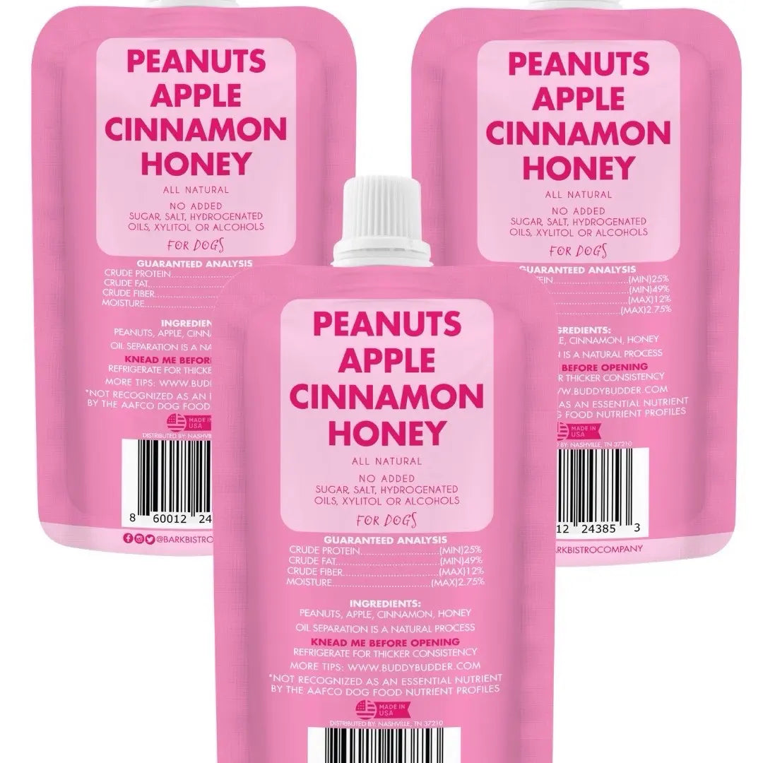 3Pk Awesome Apple Buddy Budder Squeeze Pouch (4Oz Each)- All Natural Dog Peanut Butter, Perfect with Dog Enrichment, Treating, Training, Traveling