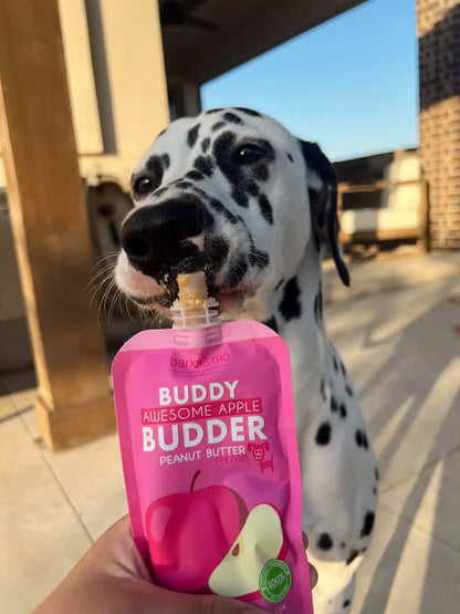 3Pk Awesome Apple Buddy Budder Squeeze Pouch (4Oz Each)- All Natural Dog Peanut Butter, Perfect with Dog Enrichment, Treating, Training, Traveling