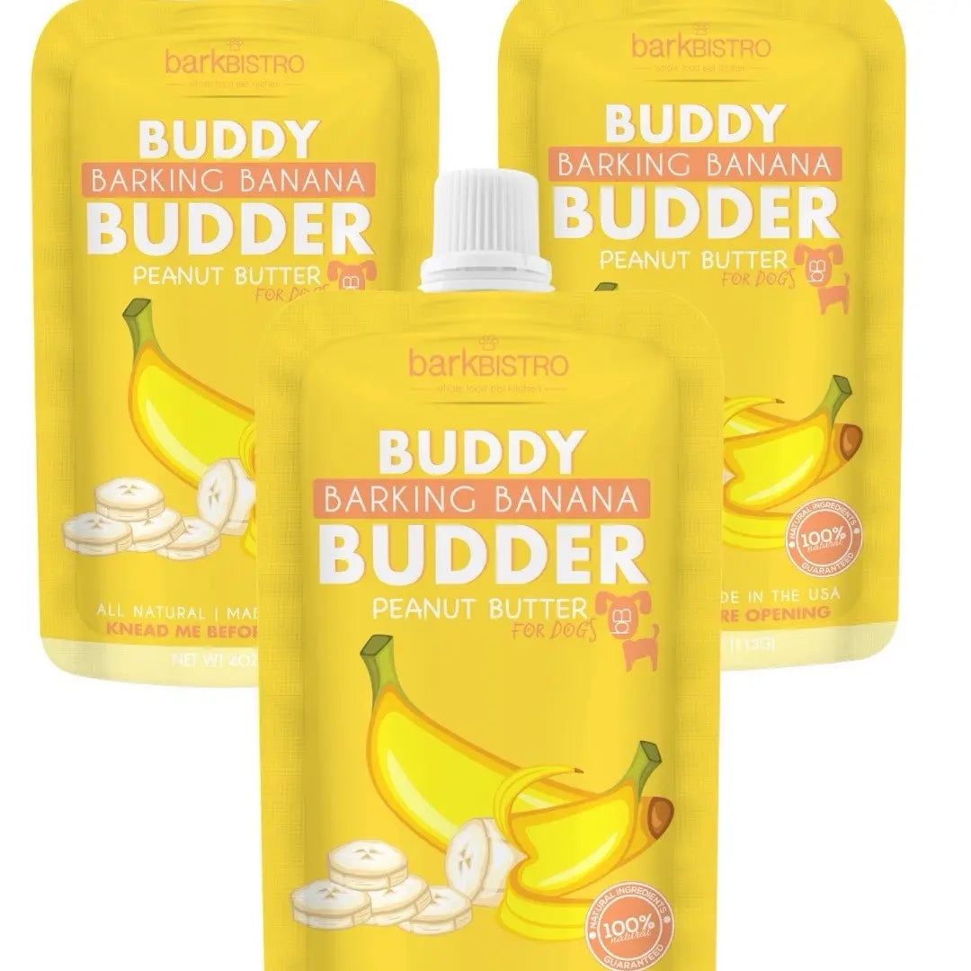3Pk Barkin Banana Buddy Budder Squeeze Pouch (4Oz Each)- All Natural Dog Peanut Butter, Perfect with Dog Enrichment, Treating, Training, Traveling