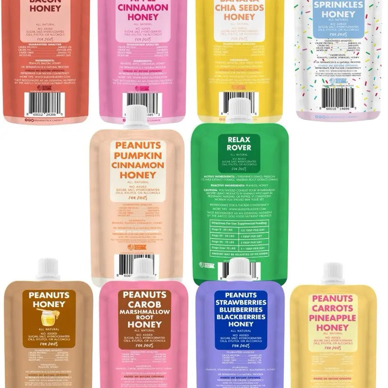 10Pk Mix Flavor Buddy Budder Squeeze Pouch (4Oz Each)- All Natural Dog Peanut Butter, Perfect with Dog Enrichment, Treating, Training, Traveling