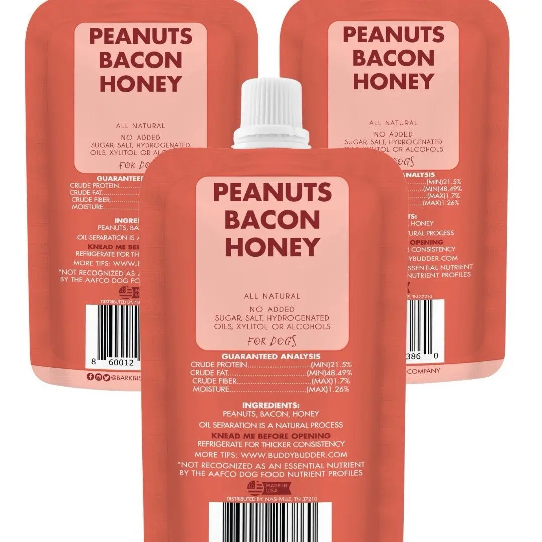 3Pk Bangin Bacon Buddy Budder - Dog Peanut Butter Squeeze Pouch (4Oz Each), All Natural, Perfect for Dog Enrichment, Training, Treating, Travel
