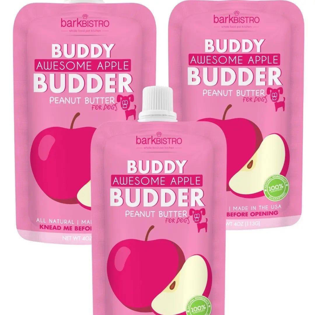 3Pk Awesome Apple Buddy Budder Squeeze Pouch (4Oz Each)- All Natural Dog Peanut Butter, Perfect with Dog Enrichment, Treating, Training, Traveling