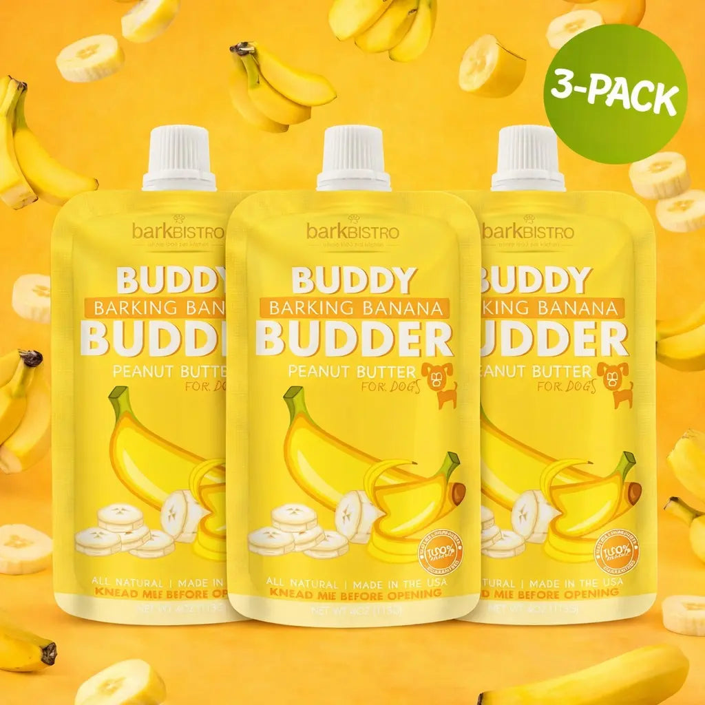 3Pk Barkin Banana Buddy Budder Squeeze Pouch (4Oz Each)- All Natural Dog Peanut Butter, Perfect with Dog Enrichment, Treating, Training, Traveling