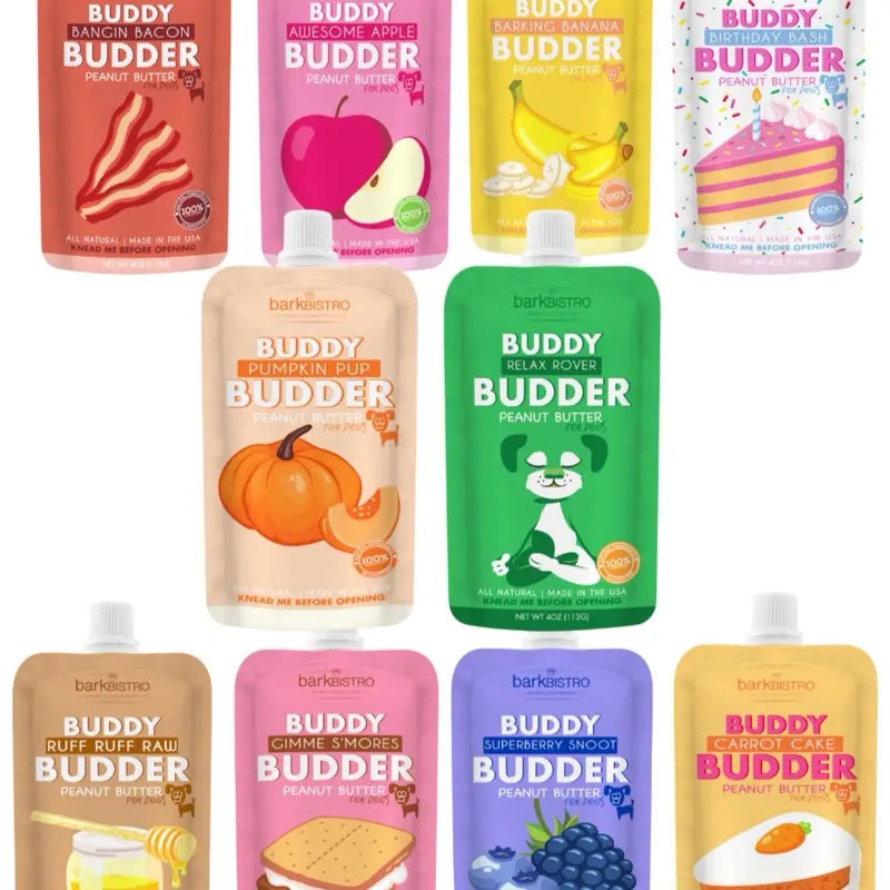 10Pk Mix Flavor Buddy Budder Squeeze Pouch (4Oz Each)- All Natural Dog Peanut Butter, Perfect with Dog Enrichment, Treating, Training, Traveling