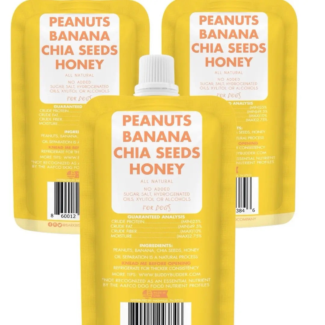 3Pk Barkin Banana Buddy Budder Squeeze Pouch (4Oz Each)- All Natural Dog Peanut Butter, Perfect with Dog Enrichment, Treating, Training, Traveling