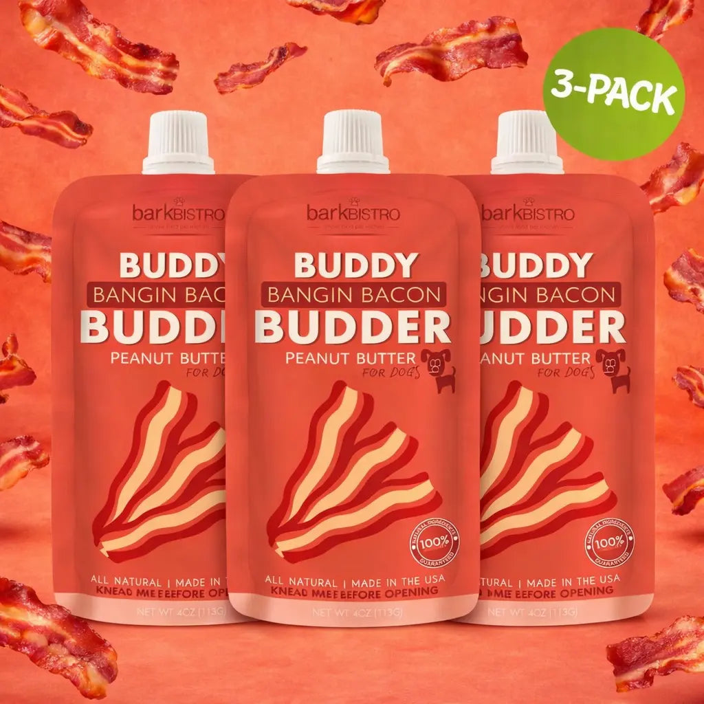 3Pk Bangin Bacon Buddy Budder - Dog Peanut Butter Squeeze Pouch (4Oz Each), All Natural, Perfect for Dog Enrichment, Training, Treating, Travel
