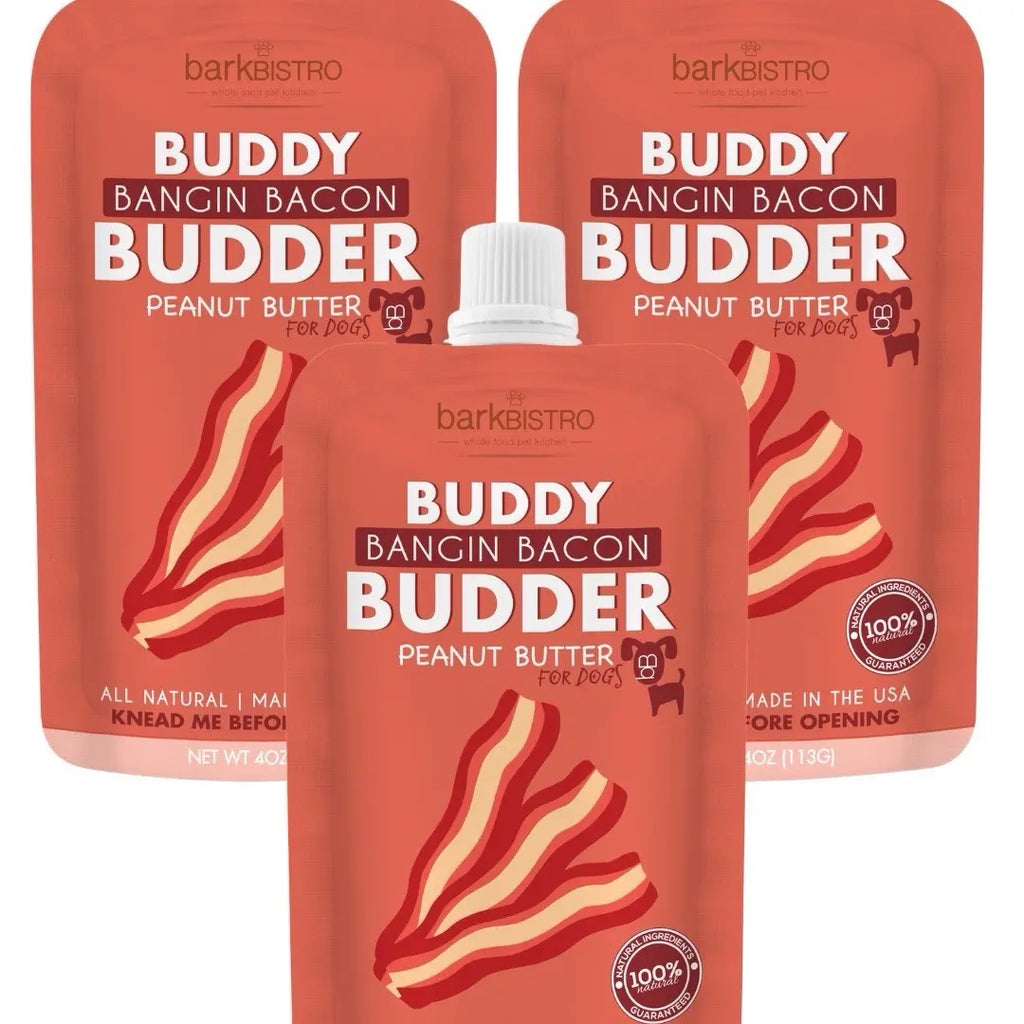 3Pk Bangin Bacon Buddy Budder - Dog Peanut Butter Squeeze Pouch (4Oz Each), All Natural, Perfect for Dog Enrichment, Training, Treating, Travel