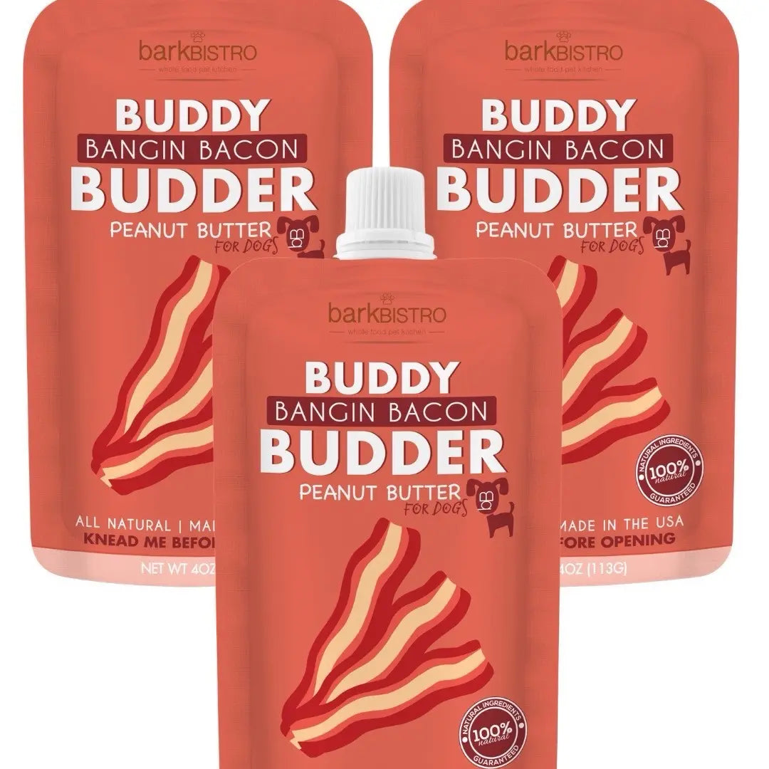 3Pk Bangin Bacon Buddy Budder - Dog Peanut Butter Squeeze Pouch (4Oz Each), All Natural, Perfect for Dog Enrichment, Training, Treating, Travel