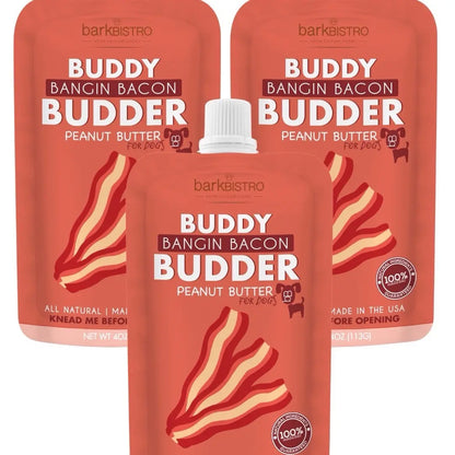 3Pk Bangin Bacon Buddy Budder - Dog Peanut Butter Squeeze Pouch (4Oz Each), All Natural, Perfect for Dog Enrichment, Training, Treating, Travel