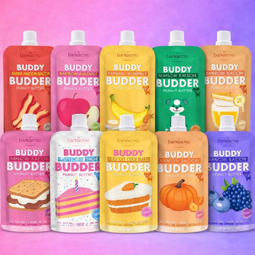 10Pk Mix Flavor Buddy Budder Squeeze Pouch (4Oz Each)- All Natural Dog Peanut Butter, Perfect with Dog Enrichment, Treating, Training, Traveling